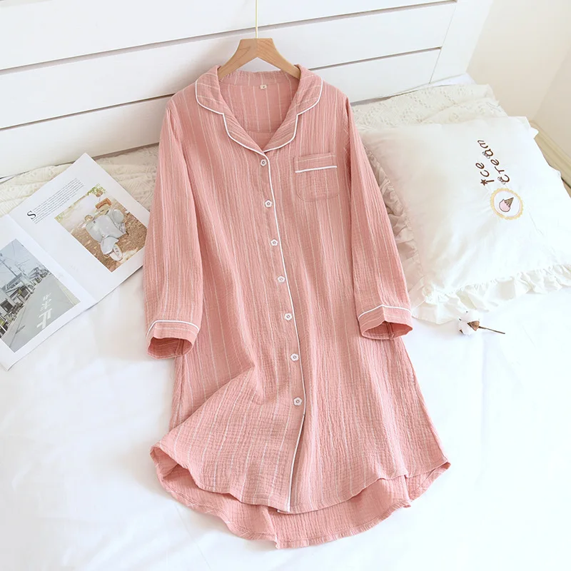 Summer Ladies Cotton Nightgowns Long-sleeved Simple Plus Size Sleepwear Double-layered Gauze Sleeping Dress Striped Sleep Tops