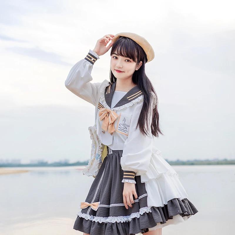 

Lolita dress navy collar high waist Lolita suit sweet top + skirt Soft Girl College style sweet and cute Cos Loli suit