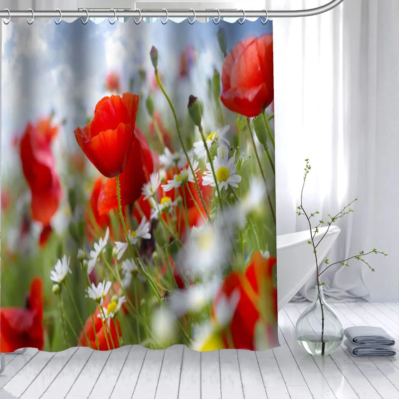 Custom Poppy Flower Shower Curtain 3D Waterproof Polyester Fabric Bath Curtain High Defintion Printing 12 Hooks For The Bathroom