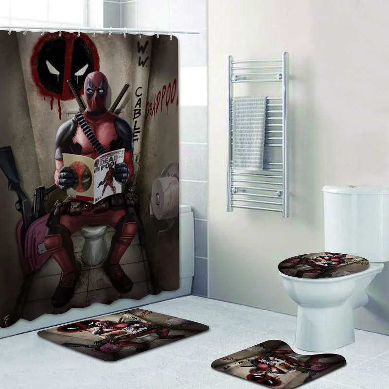 Novelty Deadpool with Water Squirter Bath Curtains for Bathroom Shower Curtain Funny Comic Hero Kid Bathtub Mats Rugs Home Decor