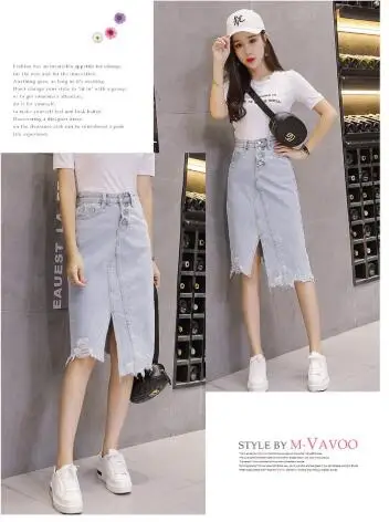 New Korean hole denim skirt open fork midi jeans skirt