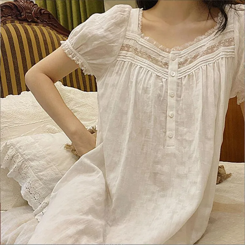 Women Summer Thin Style 100% Cotton Sleepwear Sweet Lace V-Neck Short Sleeves Nightdress Princess Victoria White Long Nightgowns