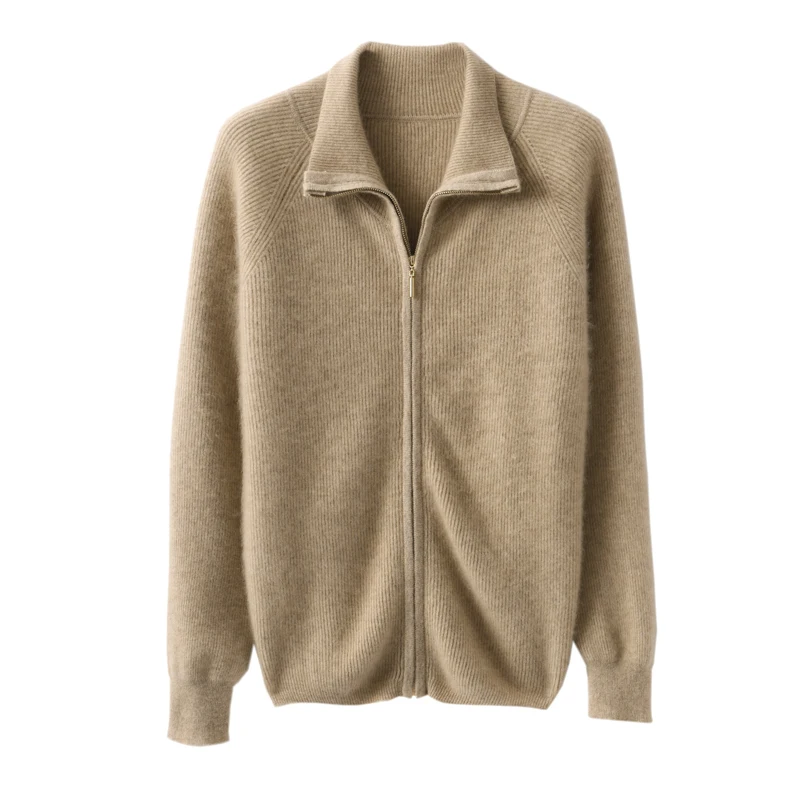 Autumn and Winter Women 100% Wool Cashmere Sweater Ladies Zipper Lapel Cardigan Warm Knitted Clothing Women Bottoming Tops