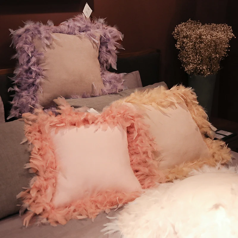 5x45cm white/grey/pink real feather pillowcase cushion cover soild color luxury back cushion case for lumbar pillow home decor