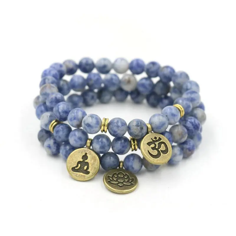 Blue White Porcelain Stone Strand Buddha OM Lotus Bracelet Charm Yoga Chakra Meditate Beaded Bracelets Men Women Lovers Gift