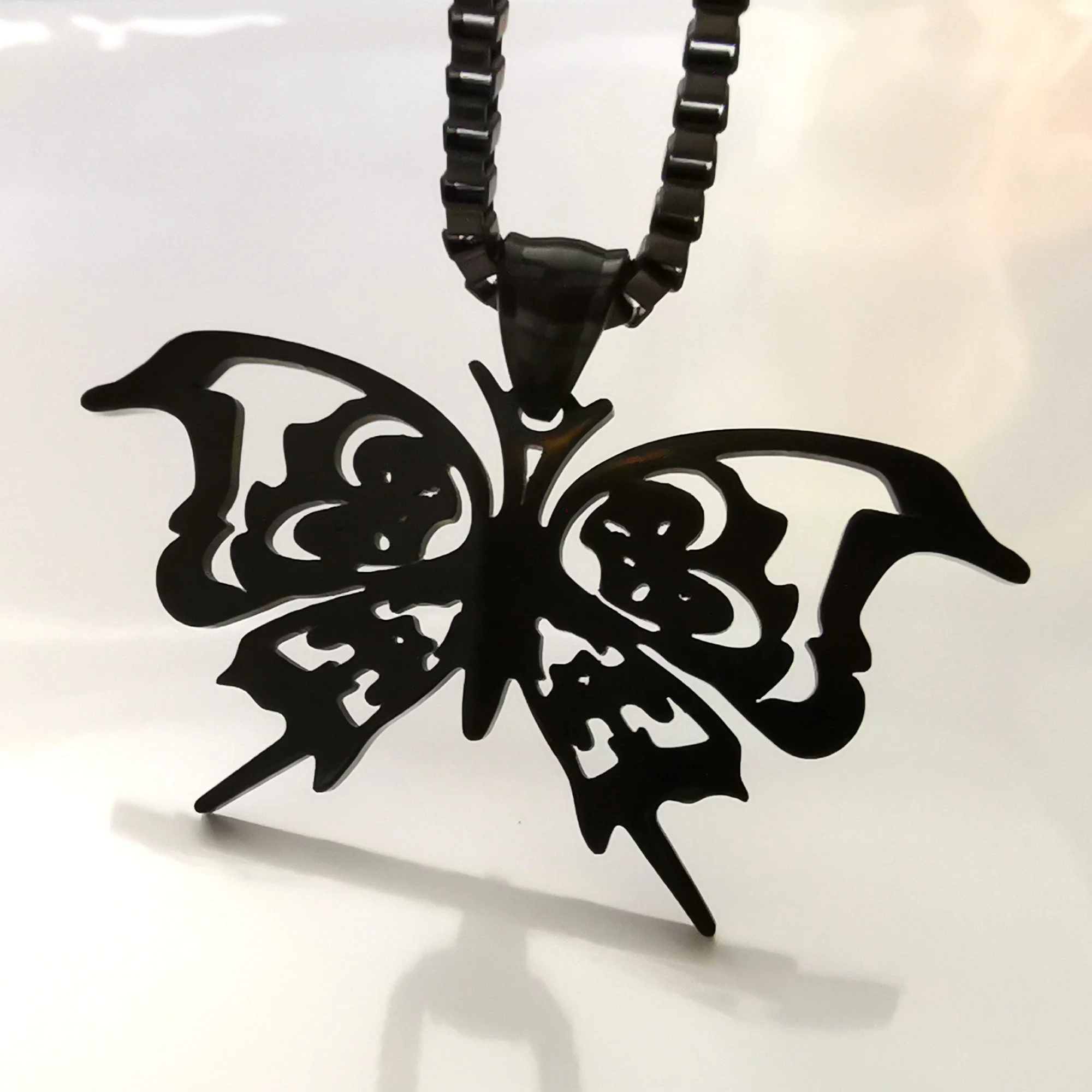 For Mens Gifts Stainless Steel black butterfly Pendant necklace rolo chain 24 inch