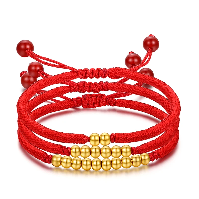 

999 24K Yellow Gold Bracelet Real Gold Chain Luck Small Smooth Bead Charms and Red Rope Knitted Bead Girl Best Gift Jewellery