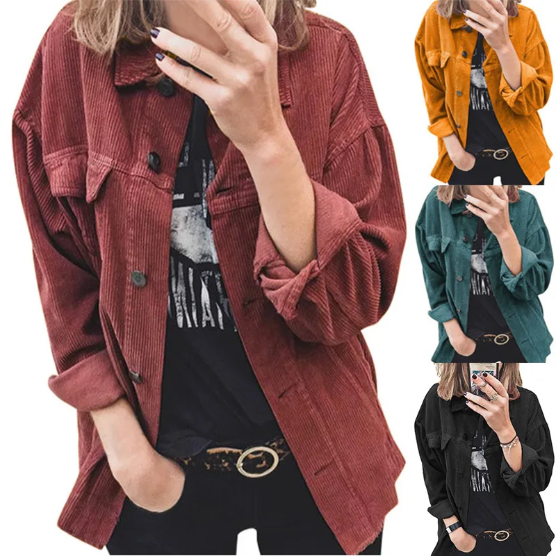 New Autumn Women's Coat Corduroy Jacket Shirt Lapel Long-Sleeved Loose Casual Jacket Solid Color Plus Size Women's Clothing XXL