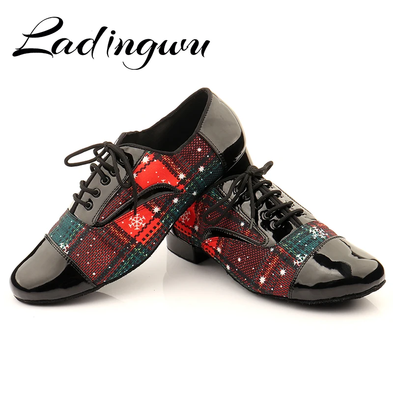 Ladingwu Men Low-heeled Dance Shoes Latin Dance Shoes Men Salsa Tango Ballroom Dance Shoes PU and Denim Christmas Doodle Blue