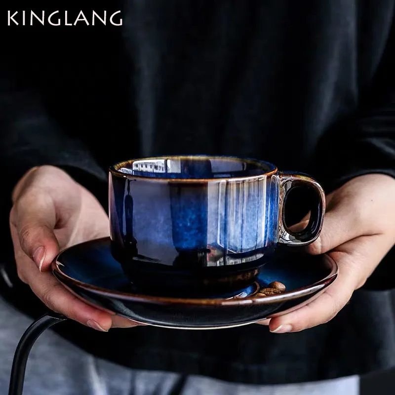 KINGLANG deep blue Ceramic Coffee Cup Saucer Set, breakfast cup, afternoon tea antique blue color Espresso coffee cup