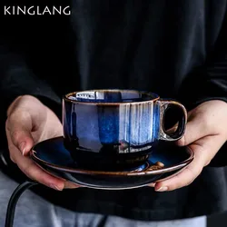 KINGLANG deep blue Ceramic Coffee Cup Saucer Set, breakfast cup, afternoon tea antique blue color Espresso coffee cup