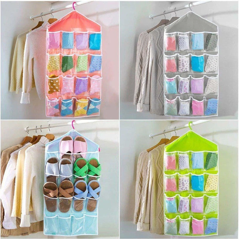 16 Pockets Clear Hanging Bag Socks Tie Bra Underwear Rack Hanger Storage Organizer Foldable Wardrobe Wall Door Back Hanging Bags