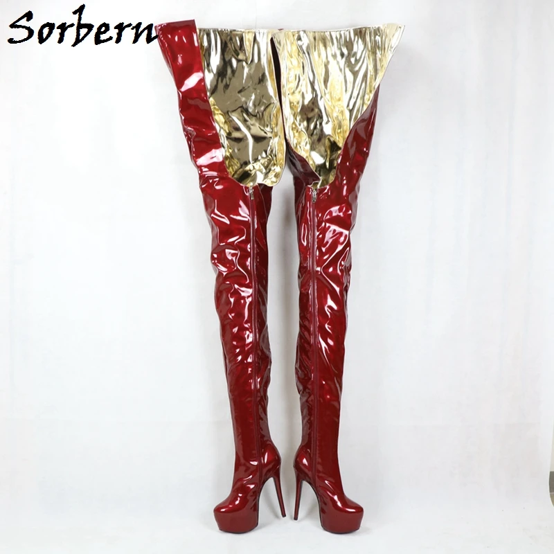 Sorbern Wine Red Gold Crotch Thigh High Boots Outside Long High Heel Platform Shoes Long Boots Drag Queen Crossdresser Boots