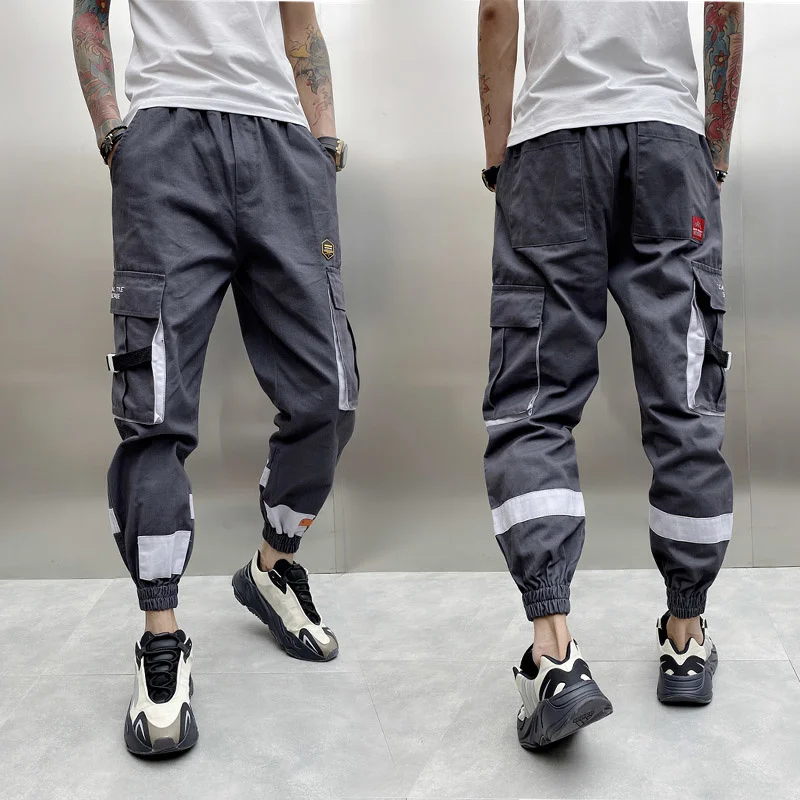 

Men New Big-Pockets Spliced Slim Harem Pencil Pants Autumn Winter Drawstring Ankle Length Micro-Elasticity Cargo Pants Casual