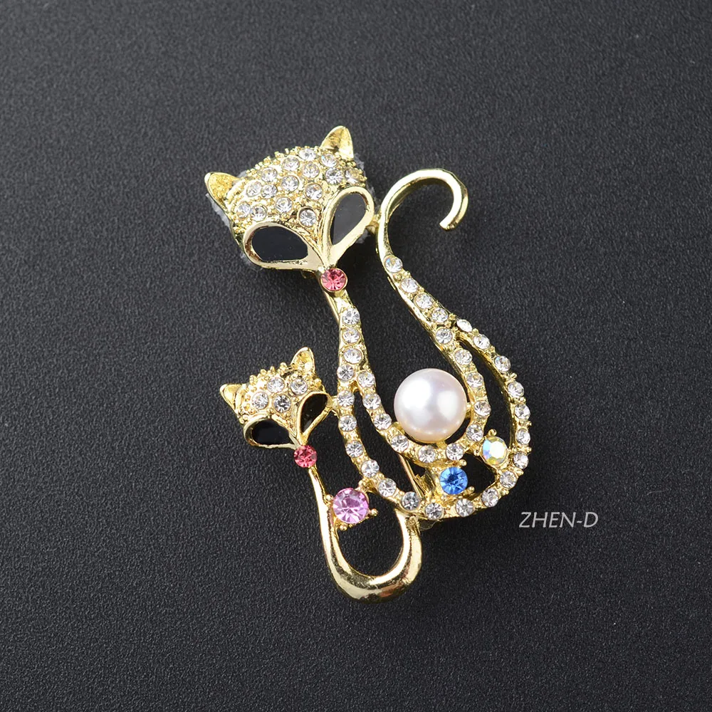 ZHEN-D  Beautiful Fox Brooch Pin Natural Freshwater Pearl Parent-child/Couple Foxes Crystal micro pave Sexy Special gift