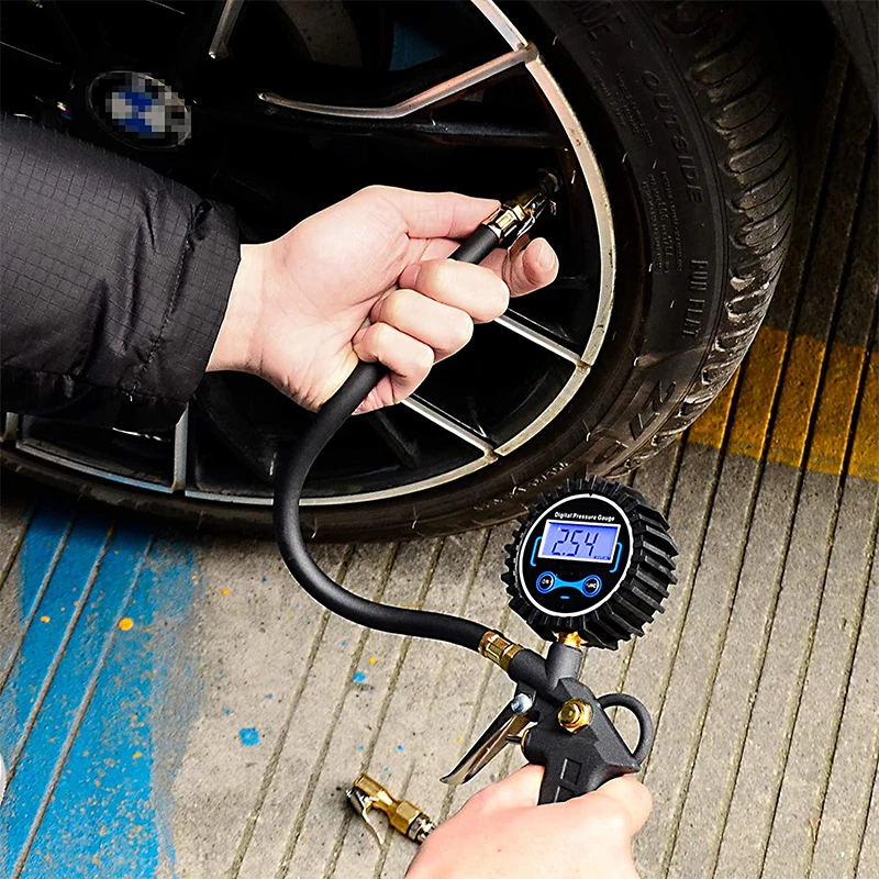 Digital Tire Pressure Gun Inflating Gauge Heavy Duty with Rubber Hose and European Type Quick Connector Tyre Inflator