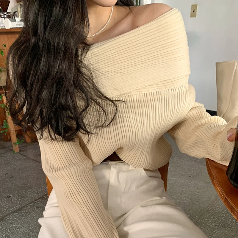 

Slash Neck Top Sweater Woman Autumn Solid Thick Knitted Jumpers Korean Winter Loose 2022 Pollover Warm Cute Winter Clothes Women