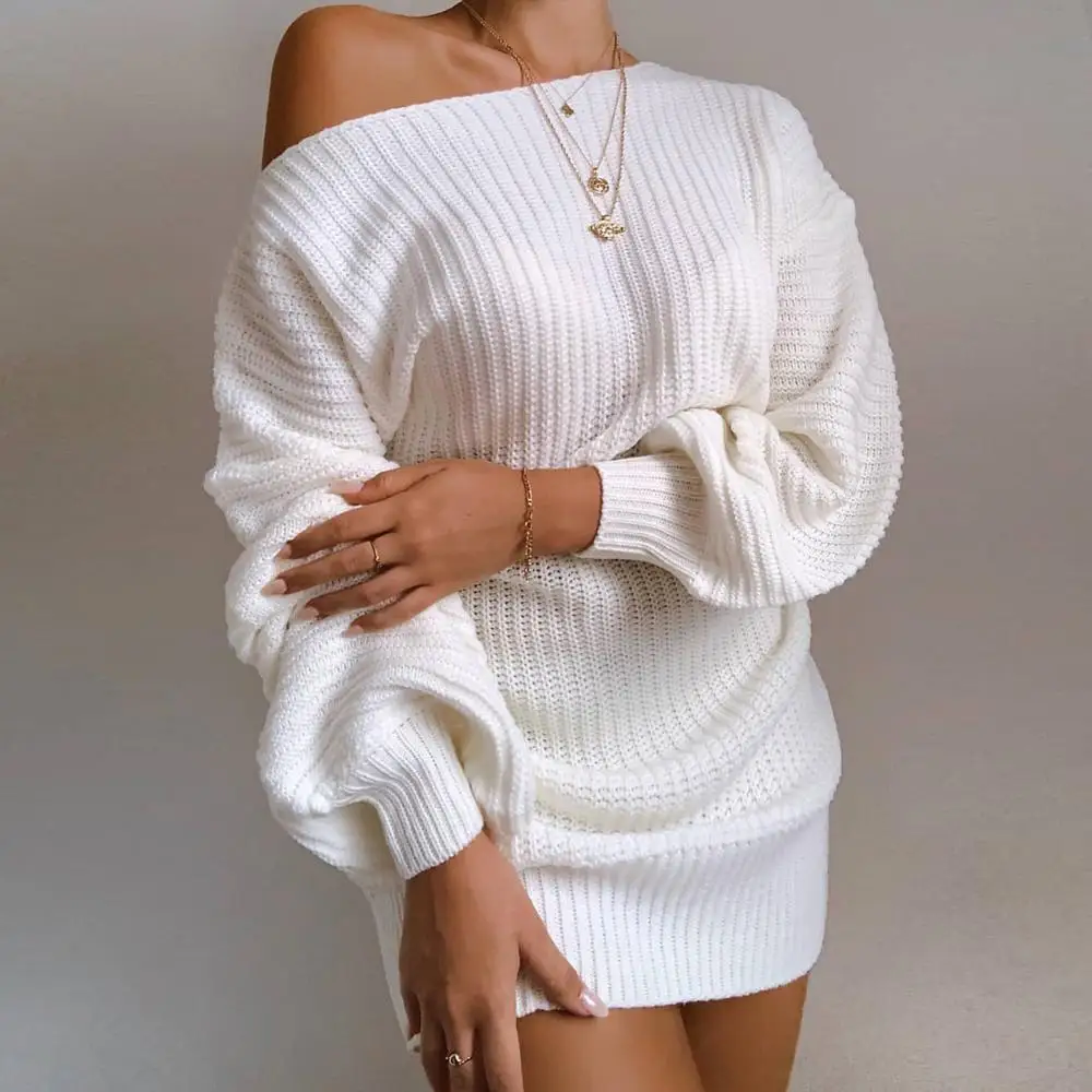 

BKLD Women Clothing Autumn And Winter Off Shoulder Dress Casual Lantern Sleeve Knitted Sweater Dress Solid Color Party Clubwear