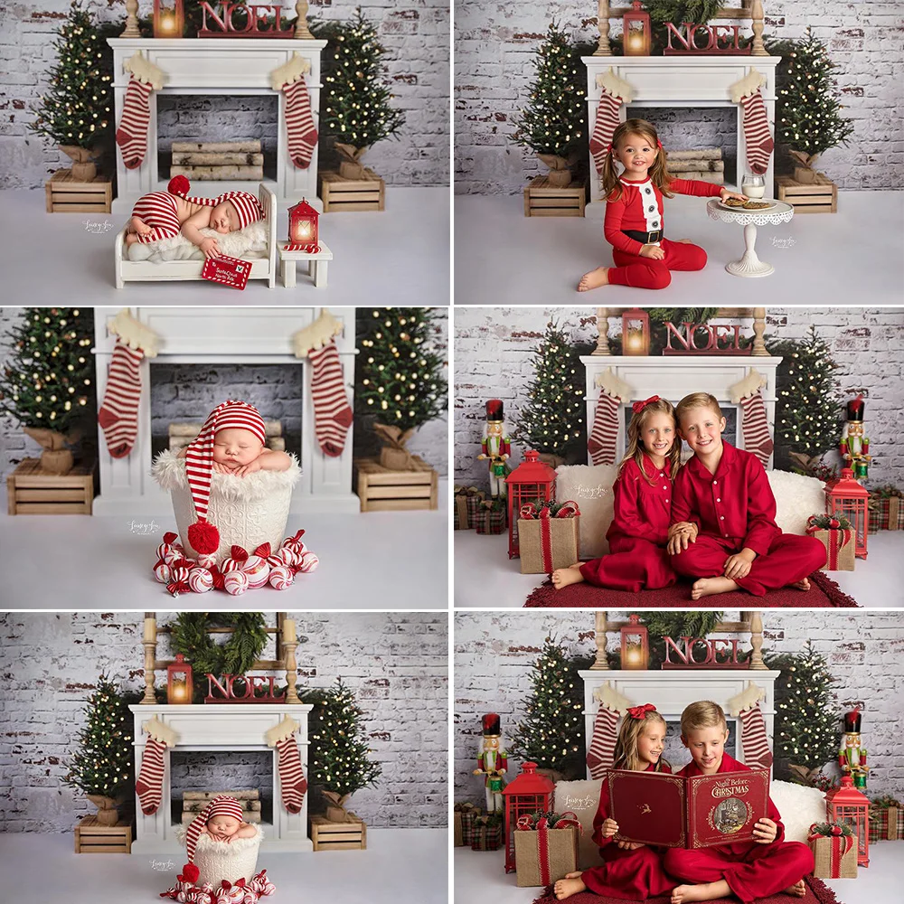 عيد الميلاد التصوير خلفية الشتاء Onederland حفلة عيد ميلاد خلفية الموقد الرجعية الطوب جدار المصباح جورب شجرة عيد الميلاد