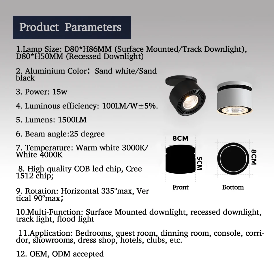 LED 다운라이트 각도 조절 가능 LED 스포트라이트, 실내 조명용 CREE 칩, 복도 거실, 화이트, 블랙, 10W, 15W, 220V