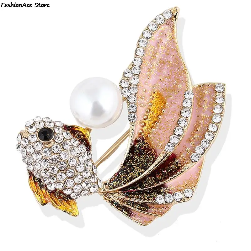 Fish Animal Brooch Jewelry for Women Trendy Cute Goldfish Brooches Alloy Pearl Rhinestone Crystal Enamel