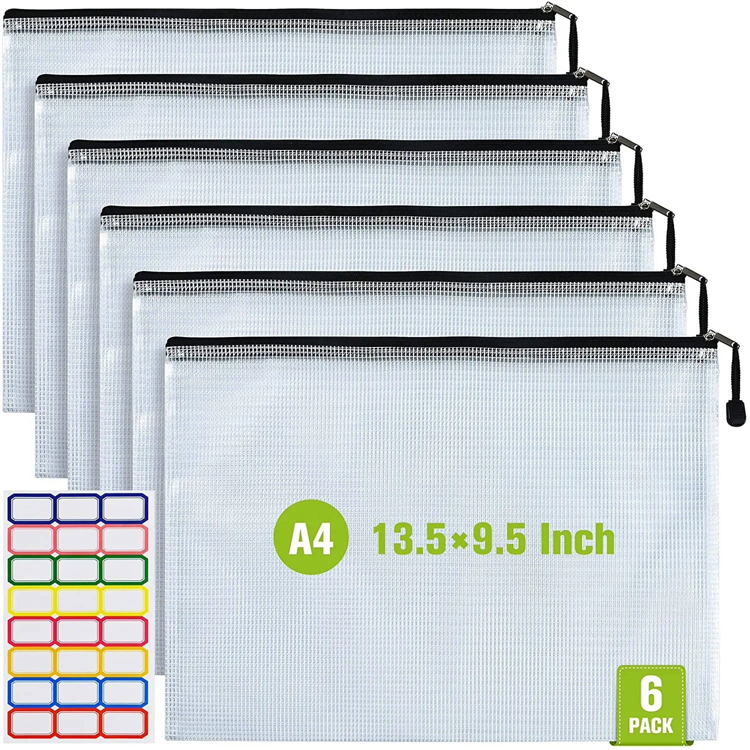 Plastic Mesh Zip File Bags, 6PCS A4 Document Organizer Waterproof Tear-Resistant File Folders, for School Office Home Storage