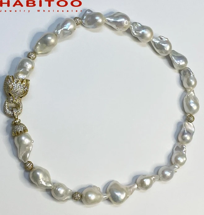 

Huge 15-25mm 18inch Real Natural White Baroque Keshi Reborn Pearl Choker Necklace for Women Dragon Head CZ Clasp Jewelry Gift