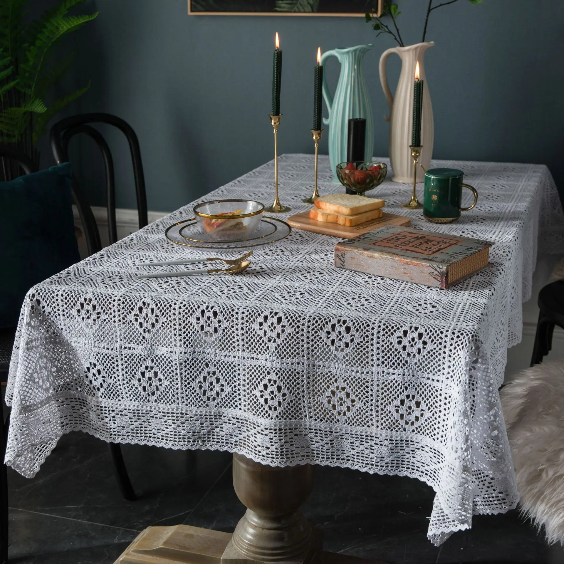 American country style crochet knitting white tablecloth hollow-out ramie cotton tablecloth table table table cloth cove