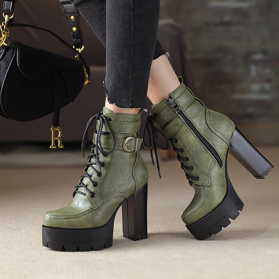 Black Platform Combat Ankle Boots For Women Round Toe Buckle Strap Woman Lace Up Shoes Winter Biker Boot Motorcycle Bottes 41 42