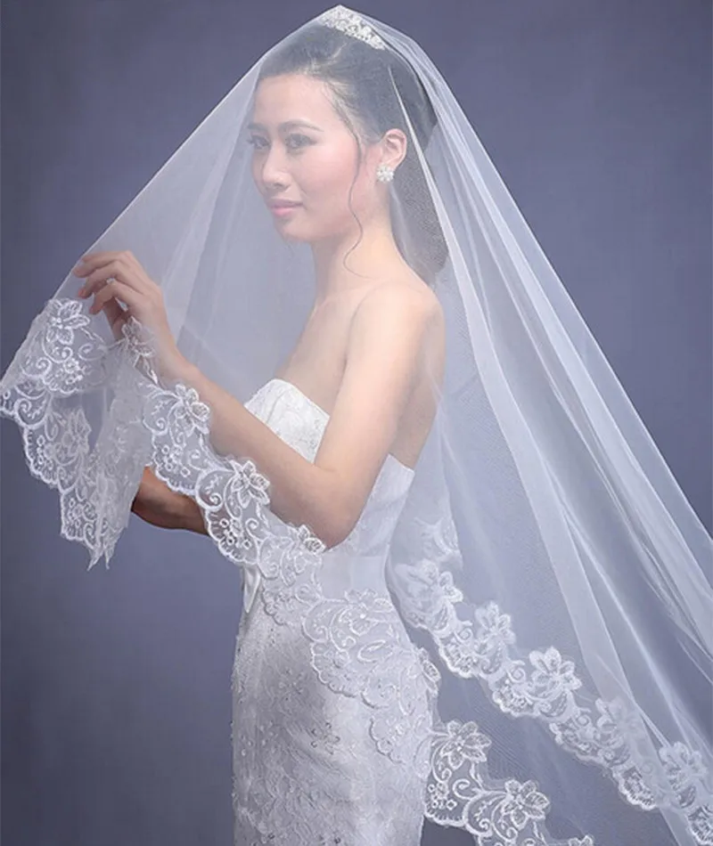 E JUE SHUNG New Long Bridal Veils One Layer Lace Edge Wedding Veil Veu De Noiva Wedding Accessories