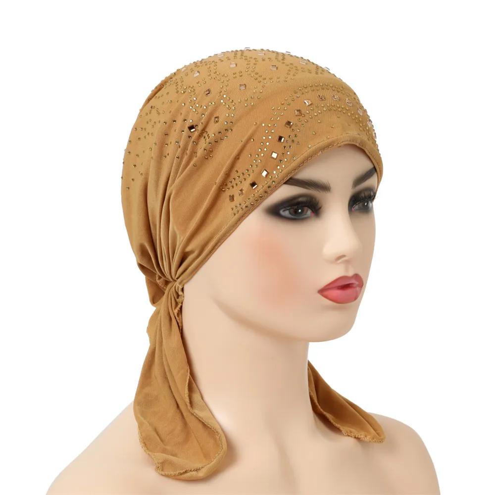 Muslim Inner Hijab Cap Women's Headwear Underscarf Islamic Head Wrap Hat Bonnet Rhinestone Headscarf Hair Loss Chemo Cancer Hat