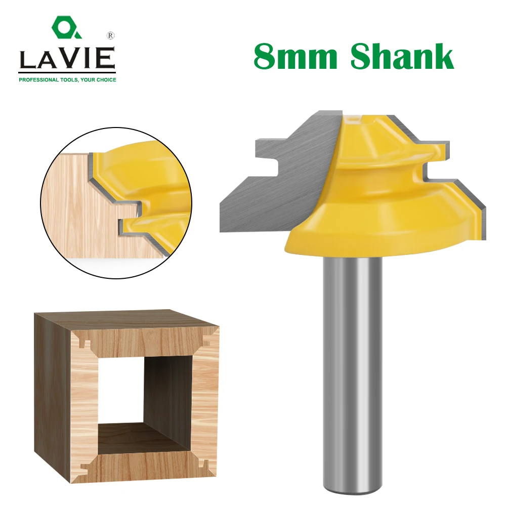 LAVIE 1 pc 8mm schacht 45 Graden Lock Mijter Router Bit Tenon Frees Houtbewerking Tool Voor Hout Gereedschap carbide Legering MC02010