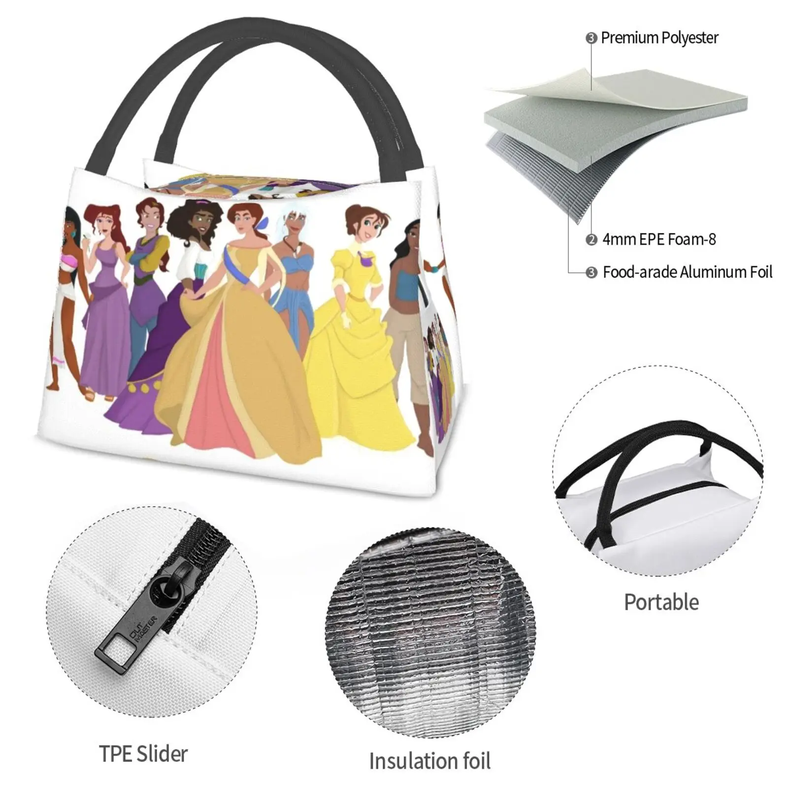 Portable Insulation Bag Animated Girls Princess Anastasia Kida Nani Chel Esmeralda Animation Movie Movies