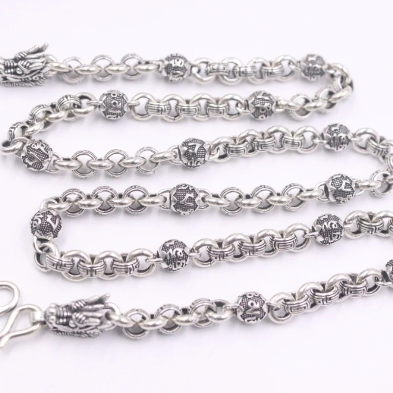 New Fine Pure S925 Sterling Silver Chain Women Men 7mm Cable Link Six Ward Mantra Figure Bead Necklace