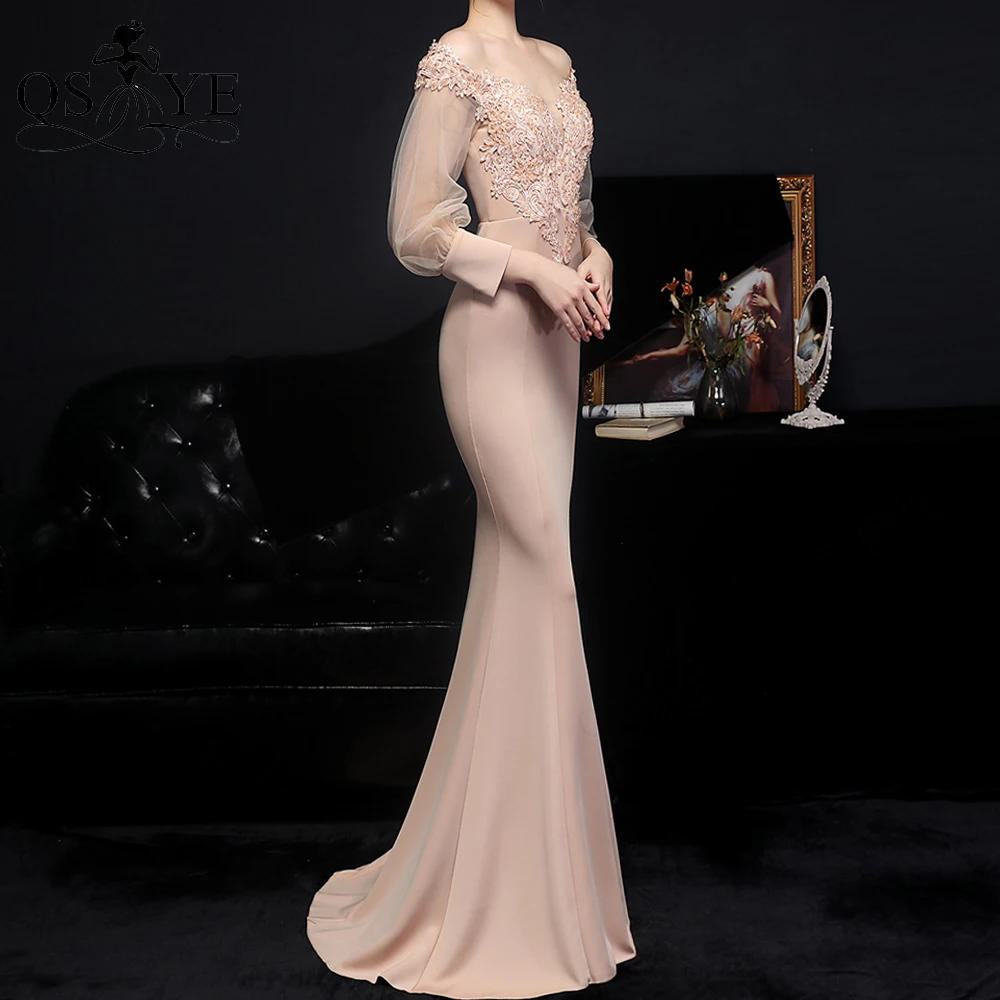 Robe de soirée de forme sirène, tenue de soirée, Champagne, manches longues, épaules dénudées, col en V, perles, dentelle, dos nu