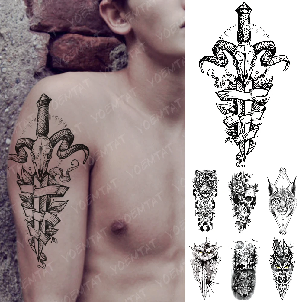 

Waterproof Temporary Tattoo Sticker Goat sword Skull Flash Tattoos Lucifer Owl Wolf Demon Body Art Arm Fake Tatoo Women Men