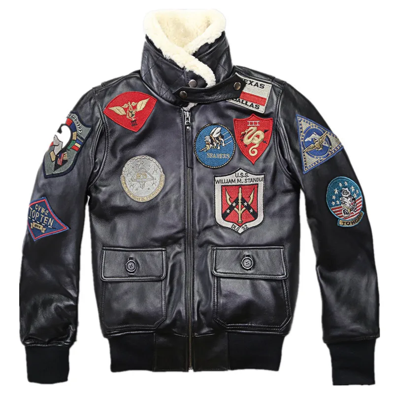 2020 Lovers TOP GUN Genuine Jacket Wool Collar Real Thin Sheepskin Leather Pilot Coat Plus Size 5XL Can Customized