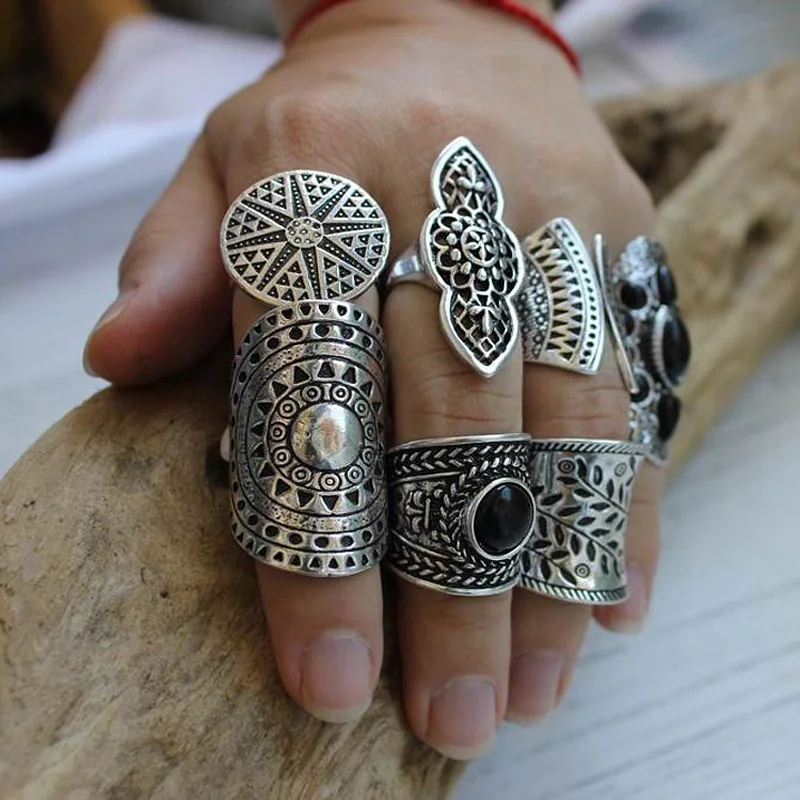 8PCS Women Vintage Rings Antique Silver Plated Carve Hollows Setting Opal Black Agate Bohemian Ethnic Style Ring Jewelry