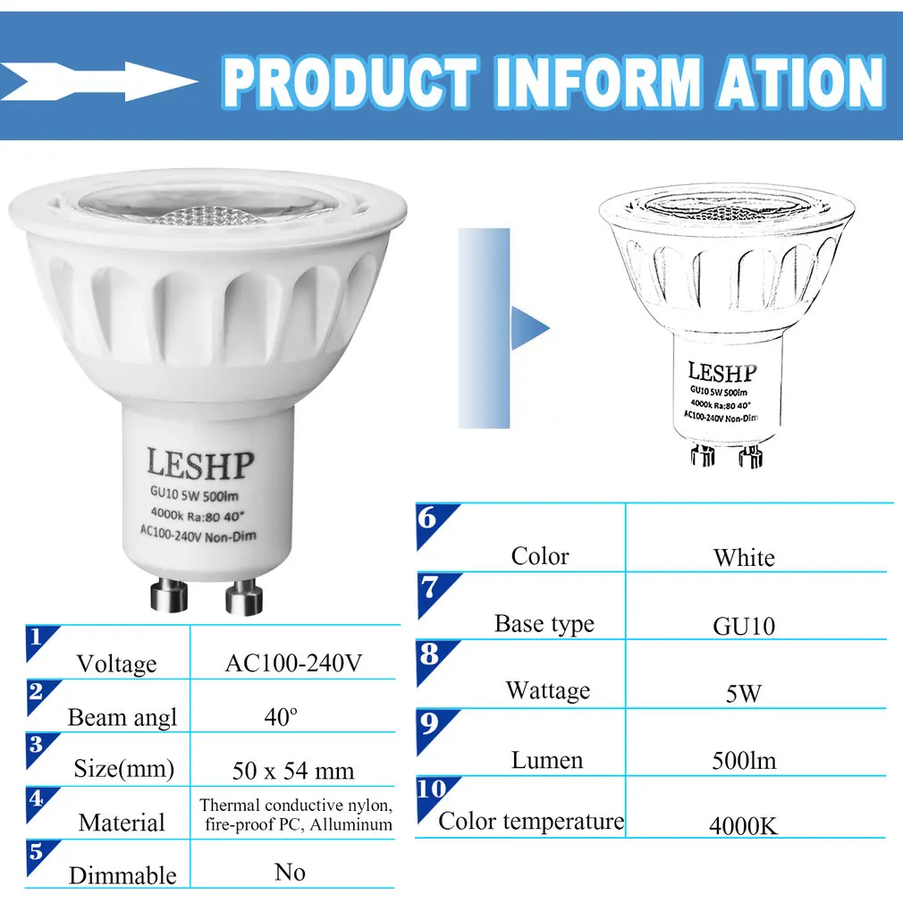 White GU10 AC100-240V 5W LED Spotlight 4000K 500LM Non-Dimmable 40 Degree Beam Angle Compact Size Light Weight