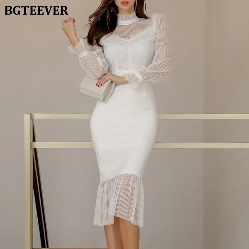 

BGTEEVER Elegant Patchwork Lace Women Package Hip Dress 2022 Spring Slim Waist Female Bodycon Dress Split OL Vestidos