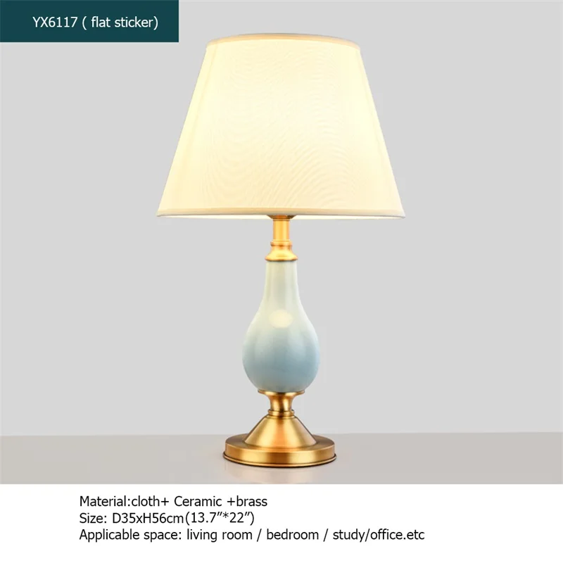 OURFENG Bedside Table Lamp LED Jingde Ceramic Copper Desk Light Luxury Home Decorative Living Room Office Bed Room Study