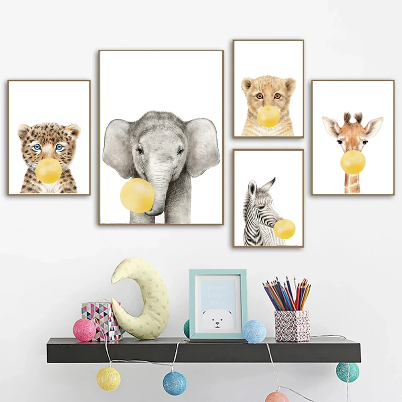 Bubble Blowing Animal  Elephant Giraffe Nursery Wall Art Canvas Painting Posters And Prints Wall Pictures Baby Kids Room Décor