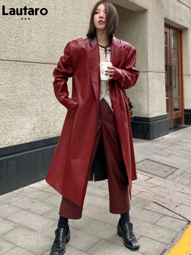 Lautaro-Wine Red Leather Trench Coat for Women, Long Sleeve, Lapel, Loose, Casual Stylish, Oversized, Korean Fashion, Autumn