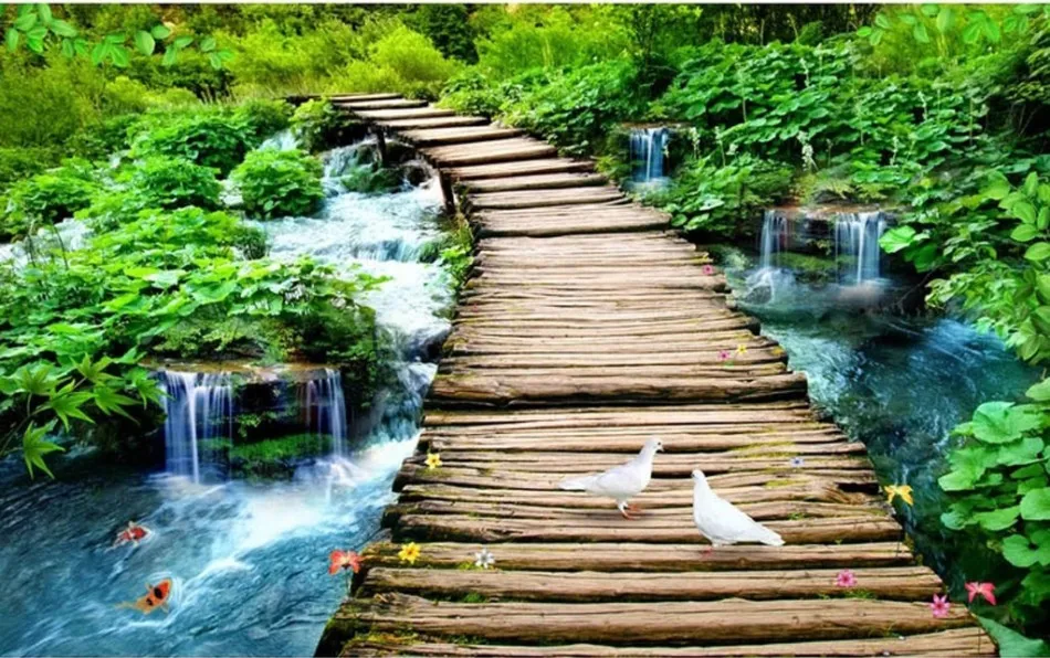 3d floor painting wallpaper Large wooden bridge flowing water 3D floor decoration painting