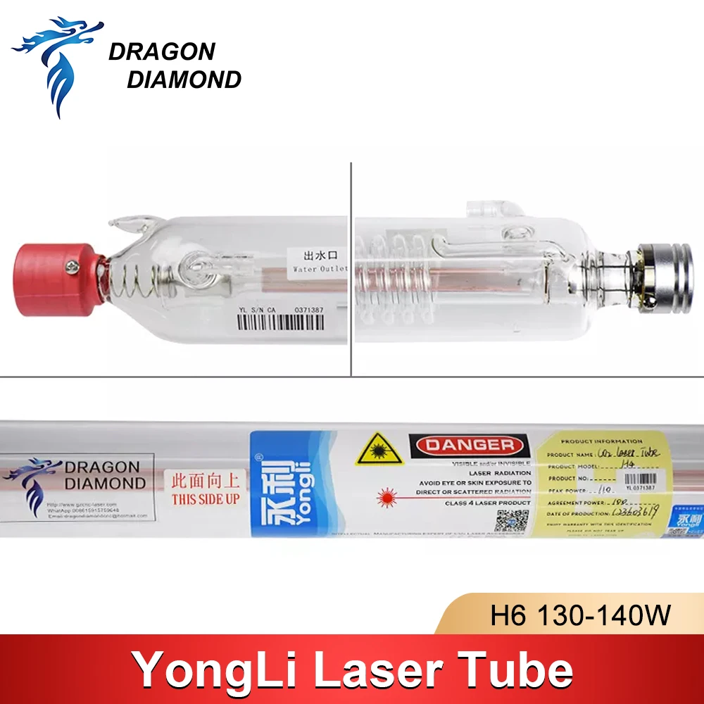 DRAGON DIAMOND Yongli H6 130 W-150 W CO2 Laser Buis Metalen Kop Lengte 1650mm Dia.70mm Voor CO2 Lasergravure Snijmachine