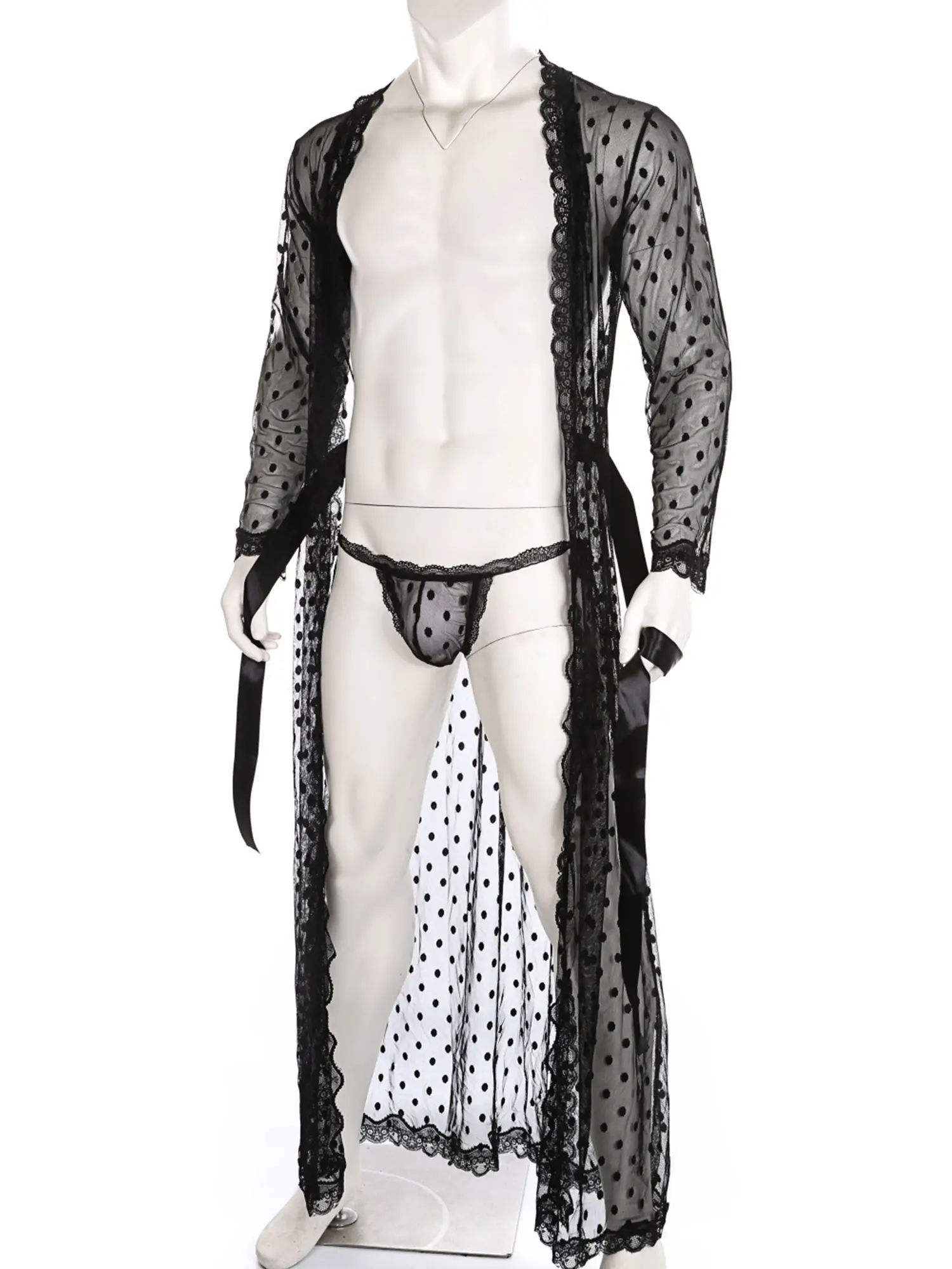 Men Sleepwear Set Dot Pattern Lingerie Black Sexy See-through Sheer Mesh Lace Trim Bathrobe Belted with Lace-up G-string Panties