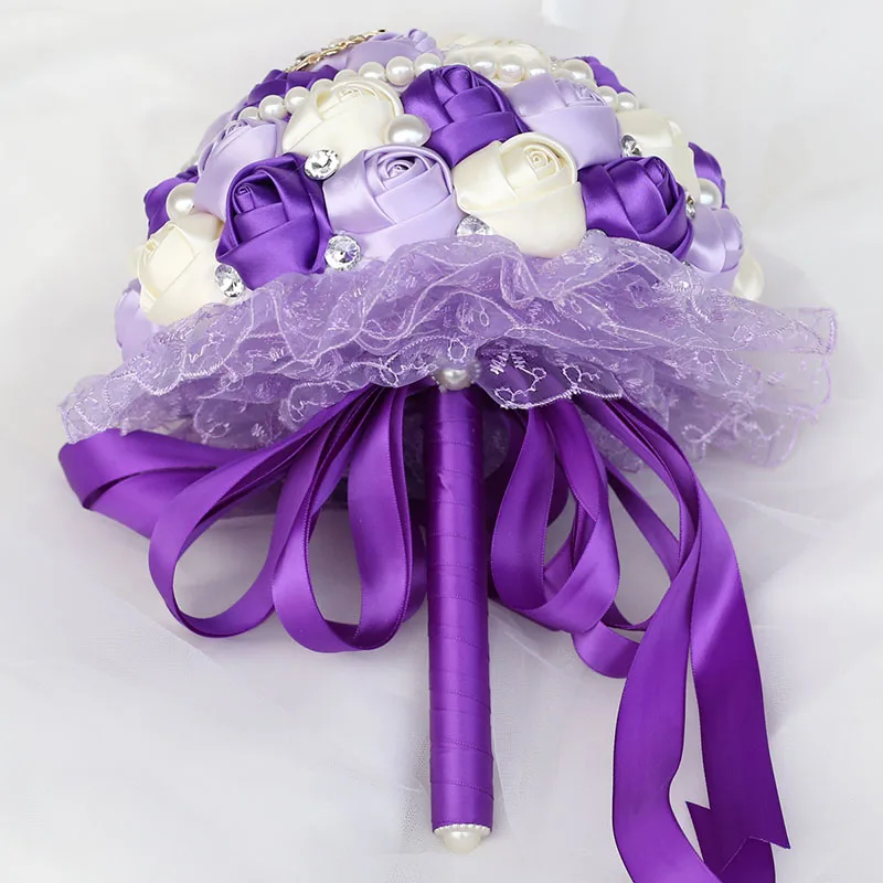 Zijde Kralen Crystal Purple Bruidsboeketten Holding Kunstmatige Rose Bloemen Stitch Paars Bruidsboeket Custom W280