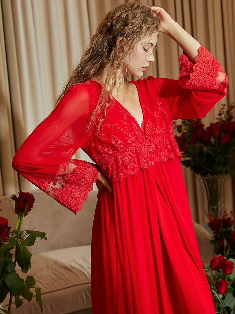 Vintage Red Color Women\'s 2 Pieces Robe Sets Long Sleeve Royal Embroidery Lace Sexy Nightwear Bride Wedding Sleep Robes