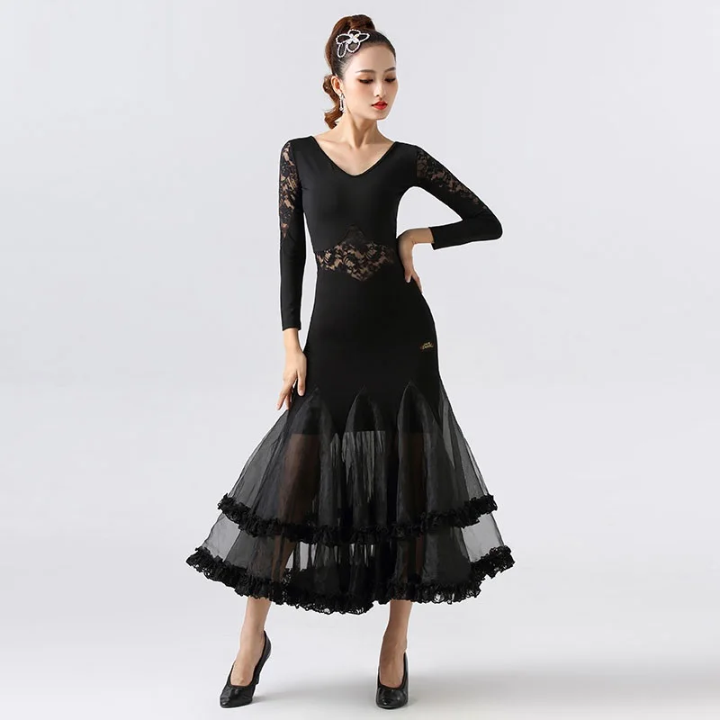 Laço preto padrão vestido de dança de salão valsa trajes de dança flamenco espanhol vestido de dança tango vestido de dança prática de roupas