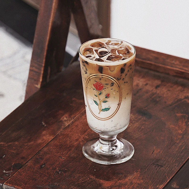 260Ml Vintage Rose Printed Glass Cup Transparent Hand-Painted Goblet Coffee Cup Korean Ins Juice Tea Ice Cream Dessert Cups Gift